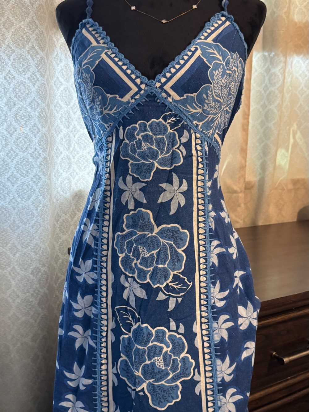Caroline Constas Navy and White Strapless Floral Midi Dress